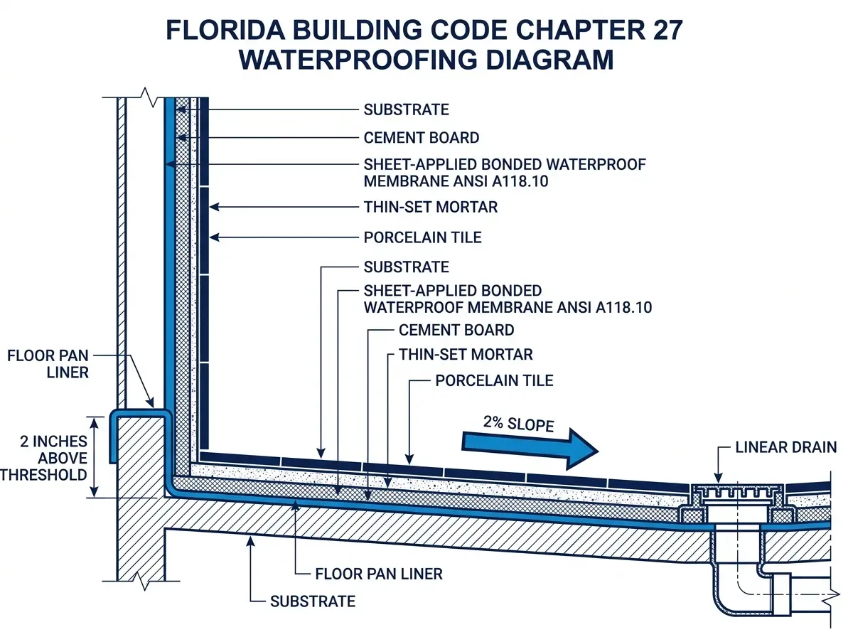 Walk-In Shower Installation in Orlando: Pros, Costs, and 2026 Ideas 18 walk-in-shower-waterproofing-florida-building-code-asti-d4068-ansi-a118-10-diagram-usa-cabinet-store