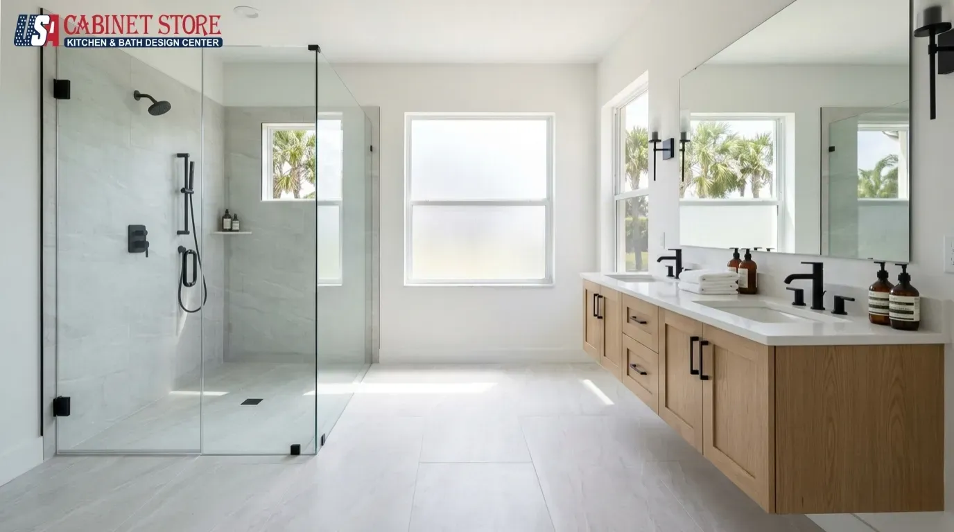 Bathroom Remodeling in Sanford, FL: Costs, Permits, and the Two-Sanfords Rule 13 Modern bathroom remodel in a newer Sanford, Florida home with oak double vanity, quartz tops, and frameless curbless walk-in shower by USA Cabinet Store
