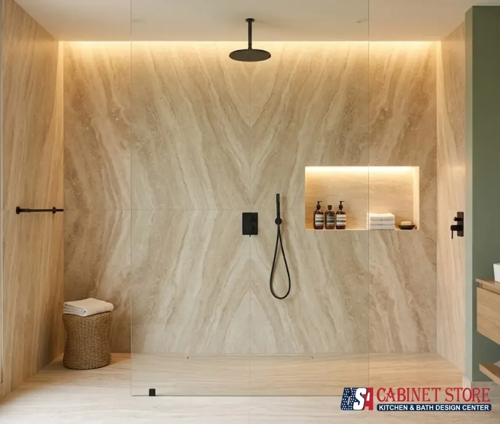 Ceiling-mounted rainfall showerhead paired with a wall handheld wand in brushed brass