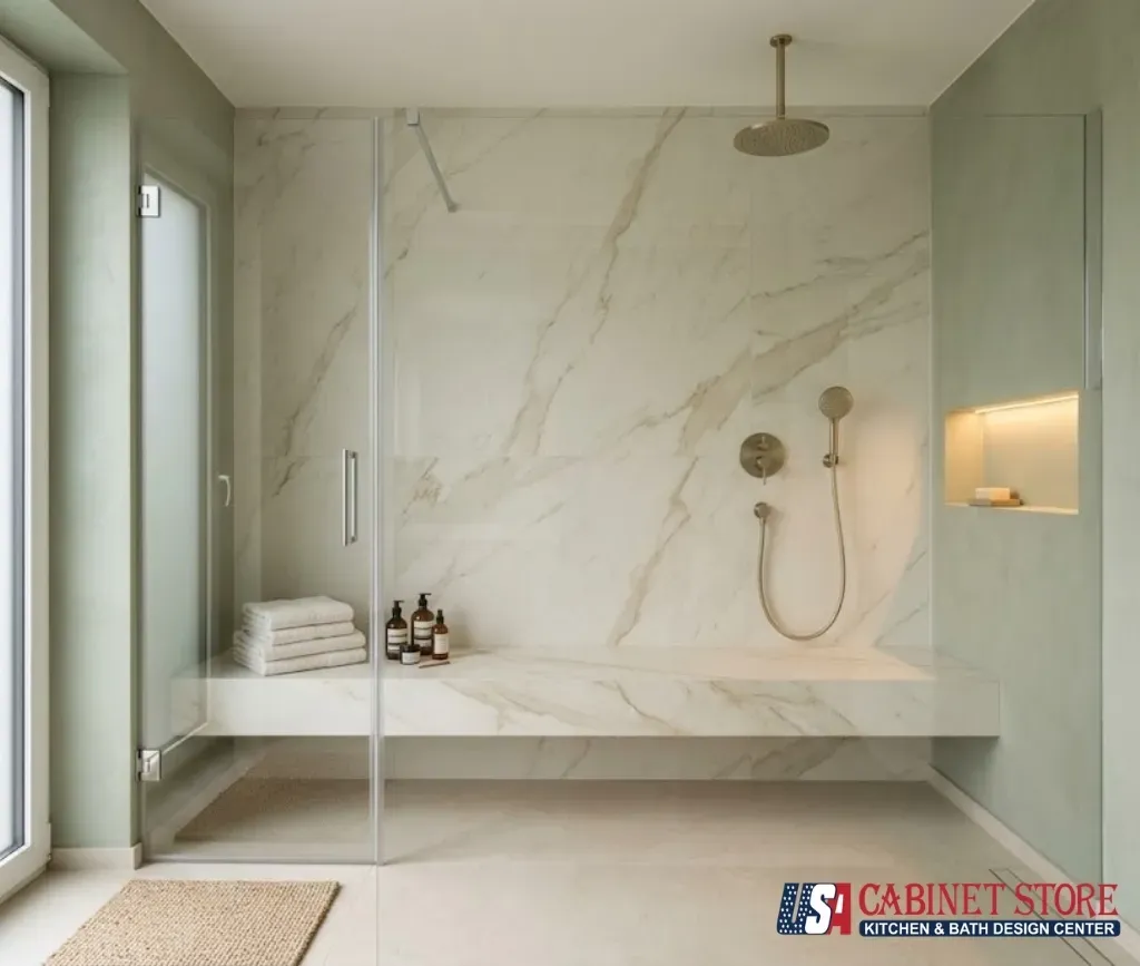 Curbless aging-in-place walk-in shower with a teak bench and designer brushed-brass grab bars