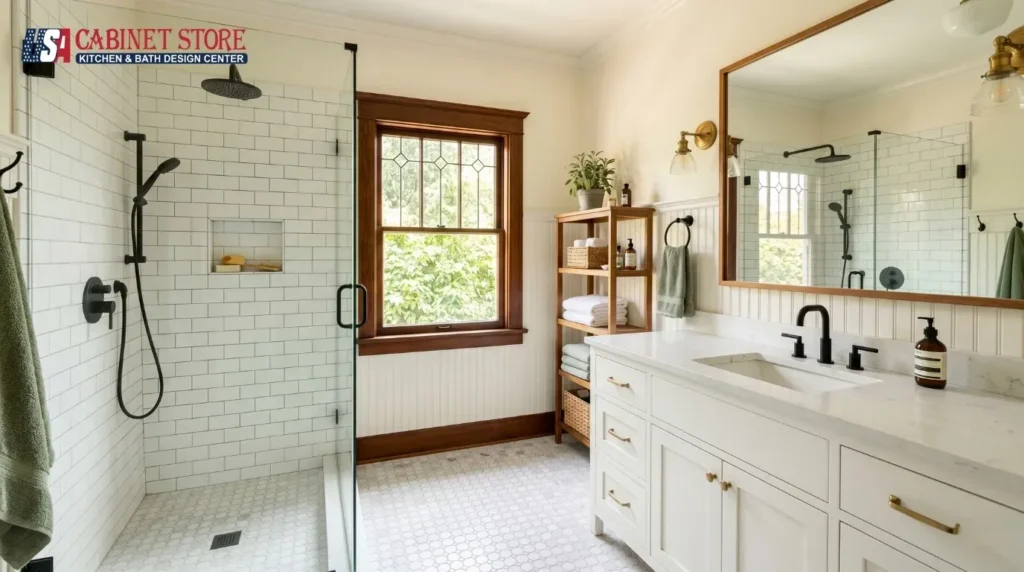 Bathroom Remodeling in Sanford, FL: Costs, Permits, and the Two-Sanfords Rule 1 Remodeled historic-district bathroom in Sanford, Florida with white Shaker vanity, quartz top, and walk-in shower by USA Cabinet Store Bathroom Remodeling In Sanford