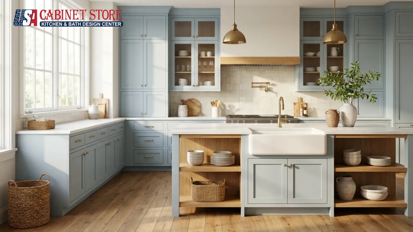 Kitchen Backsplash Trends 2026: Slab, Zellige & Warmth 3 light-blue-shaker-cabinets-warm-tile-backsplash-usa-cabinet-store