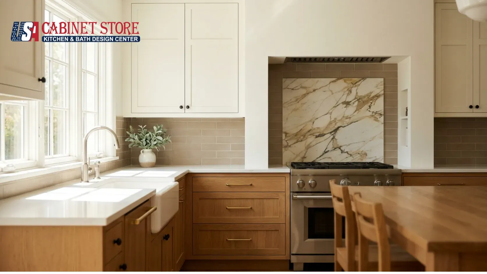 Kitchen Backsplash Trends 2026: Slab, Zellige & Warmth 5 marble-slab-backsplash-panel-range-alcove-usa-cabinet-store