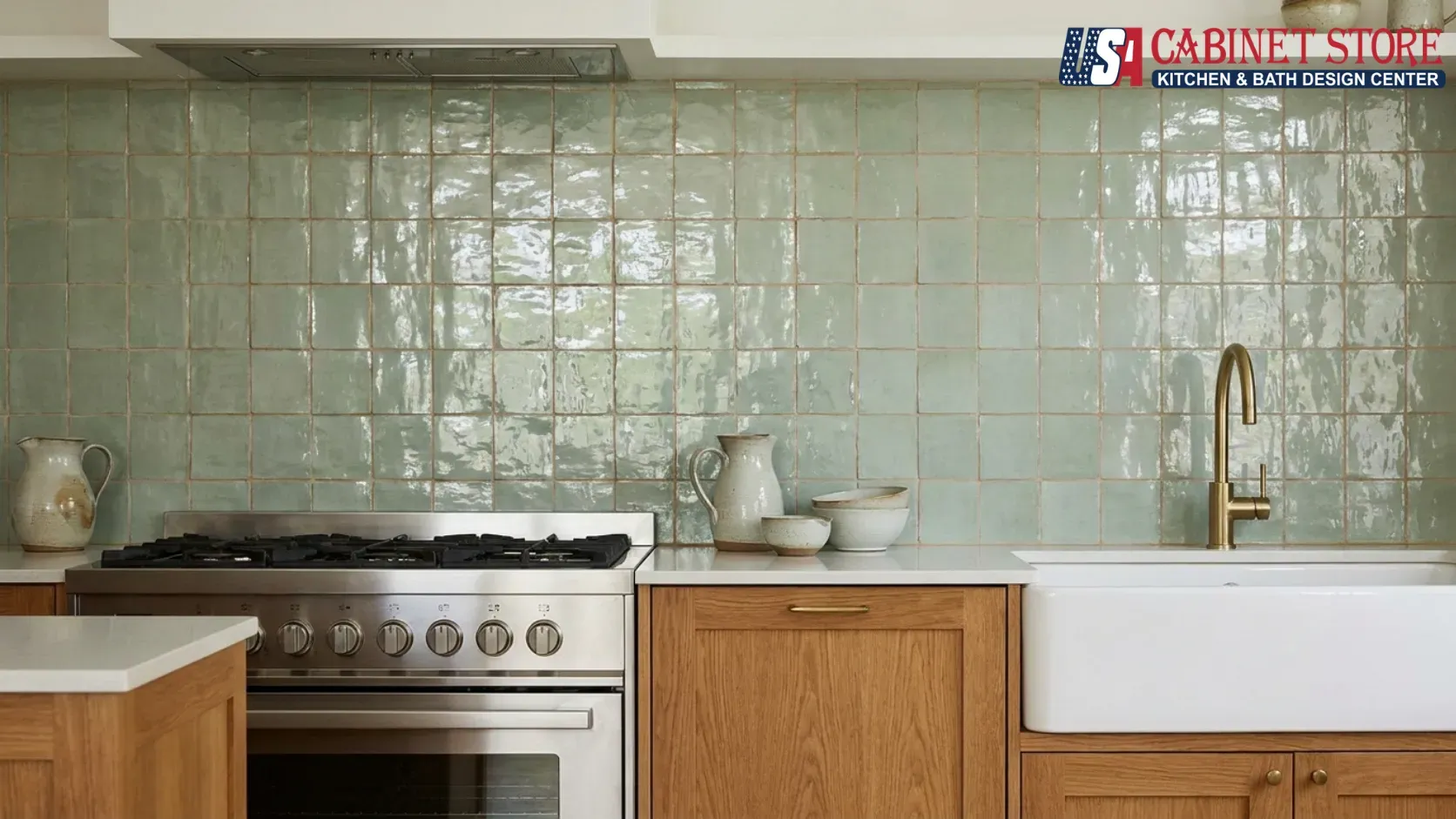 Kitchen Backsplash Trends 2026: Slab, Zellige & Warmth 4 sage-green-zellige-tile-backsplash-oak-cabinets-usa-cabinet-store