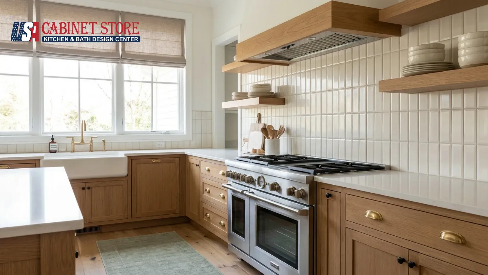Kitchen Backsplash Trends 2026: Slab, Zellige & Warmth 6 vertical-stacked-cream-tile-backsplash-usa-cabinet-store