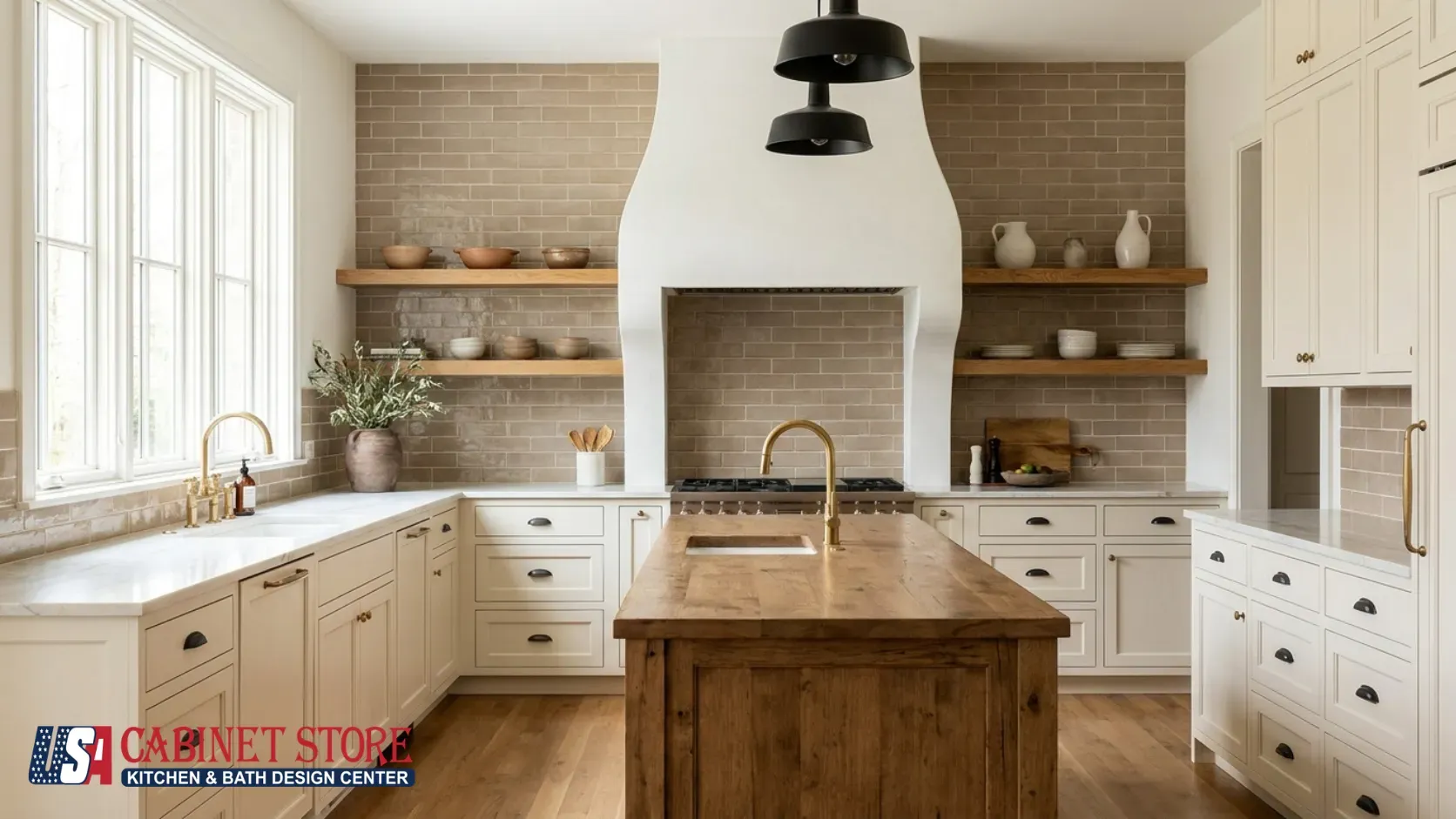 Kitchen Backsplash Trends 2026: Slab, Zellige & Warmth 2 warm-taupe-brick-tile-backsplash-full-height-usa-cabinet-store