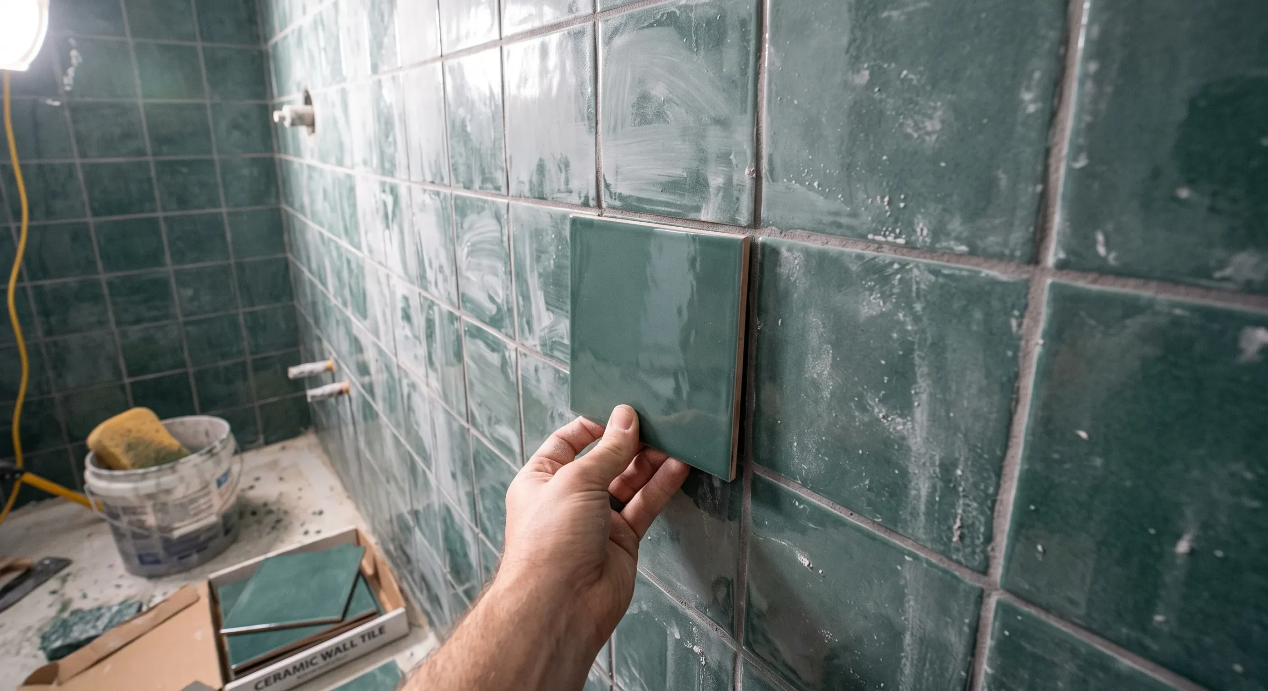 How to Clean and Protect a New Shower After a Remodel? 23 LEFTOVER-UNINSTALLED-TILE-HELD-AGAINST-A-NEWLY-GROUTED-SHOWER-WALL-SHOWING-GROUT-HAZE-BY-COMPARISON-