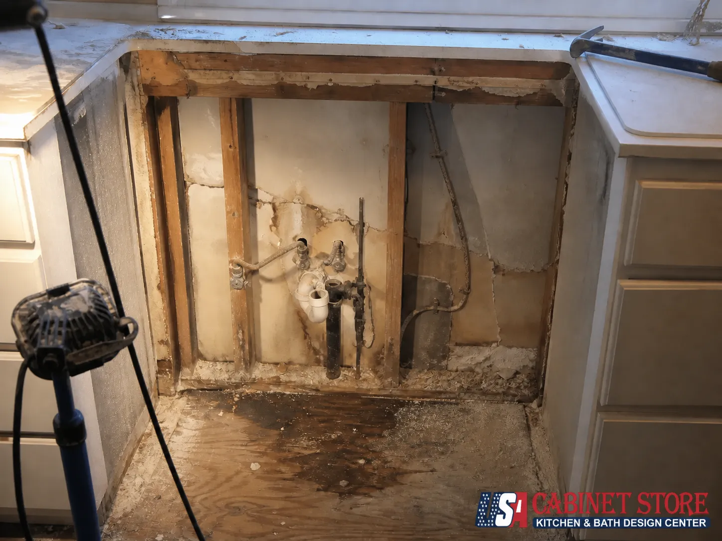 Small Kitchen Remodeling: 2026 Costs, Layouts & Mistakes 4 Demolition of a small kitchen revealing water staining and old wiring behind the removed sink base cabinet
