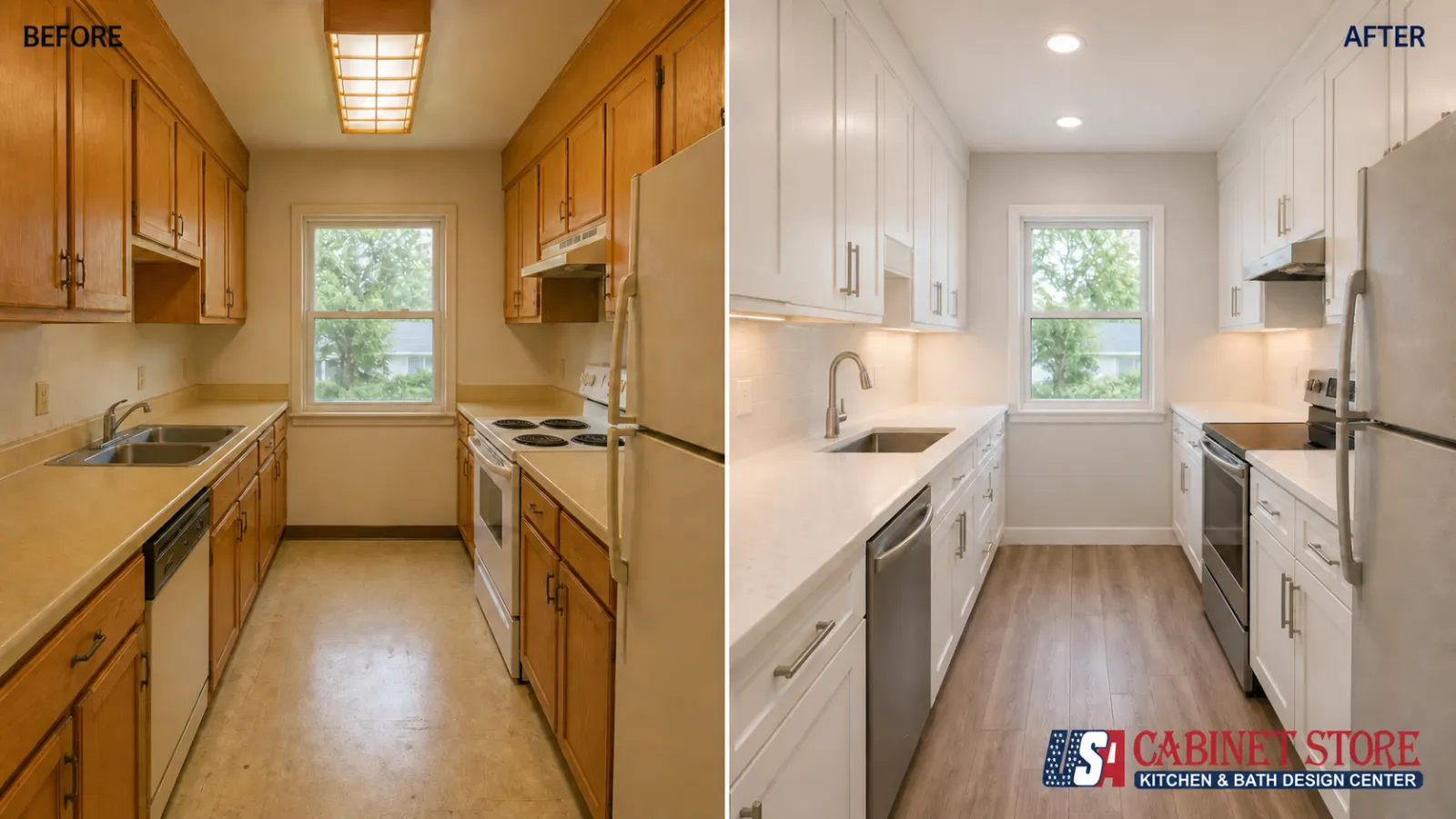 Small Kitchen Remodeling: 2026 Costs, Layouts & Mistakes 10 Before and after of a small galley kitchen remodel from dated oak to full-height white cabinets