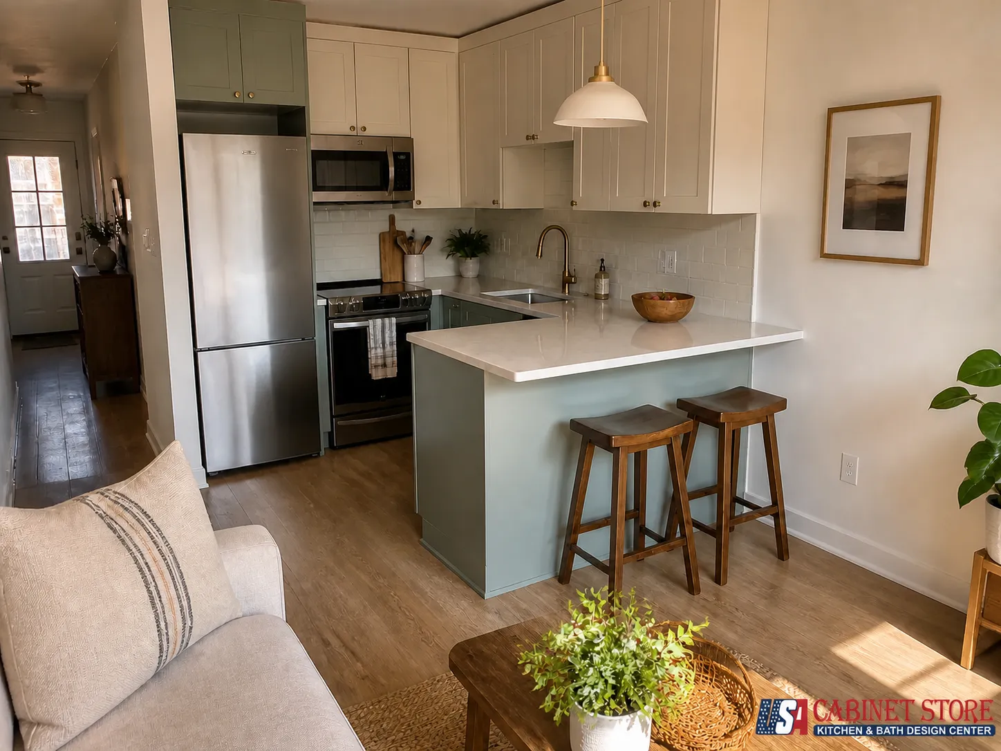 Small Kitchen Remodeling: 2026 Costs, Layouts & Mistakes 9 Small kitchen peninsula with quartz counter and two stools instead of an island