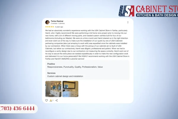 Verified Customer Review for USA Cabinet Store in Fairfax, VA 5-star Google review for custom bathroom vanity design and installation in Fairfax.