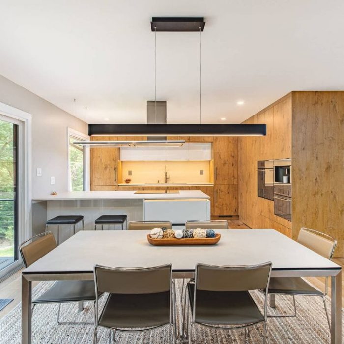 Ultra-modern open-concept home with white handleless kitchen cabinetry, natural wood walls, and minimalist dining area.