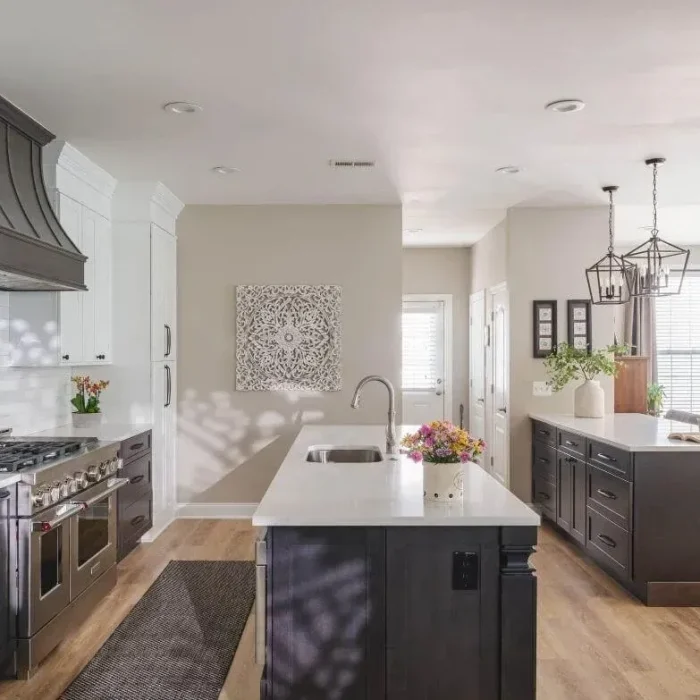 Park Creek Miyuki transitional kitchen with two dark islands and custom range hood