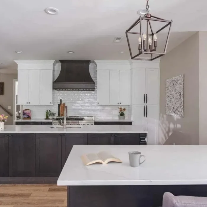 Park Creek Miyuki kitchen with dark wood island and white quartz countertops