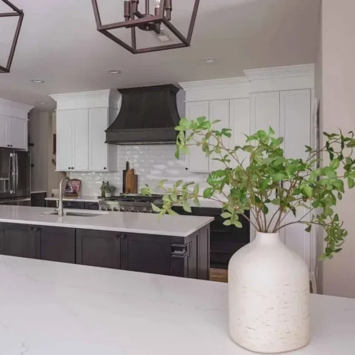 Park Creek Miyuki transitional kitchen with open layout, white cabinets, and dark island
