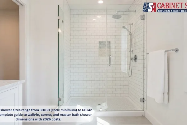 Standard shower sizes range from 30×30 (code minimum) to 60×42 inches. Complete guide to walk-in, corner, and master bath shower dimensions with 2026 costs